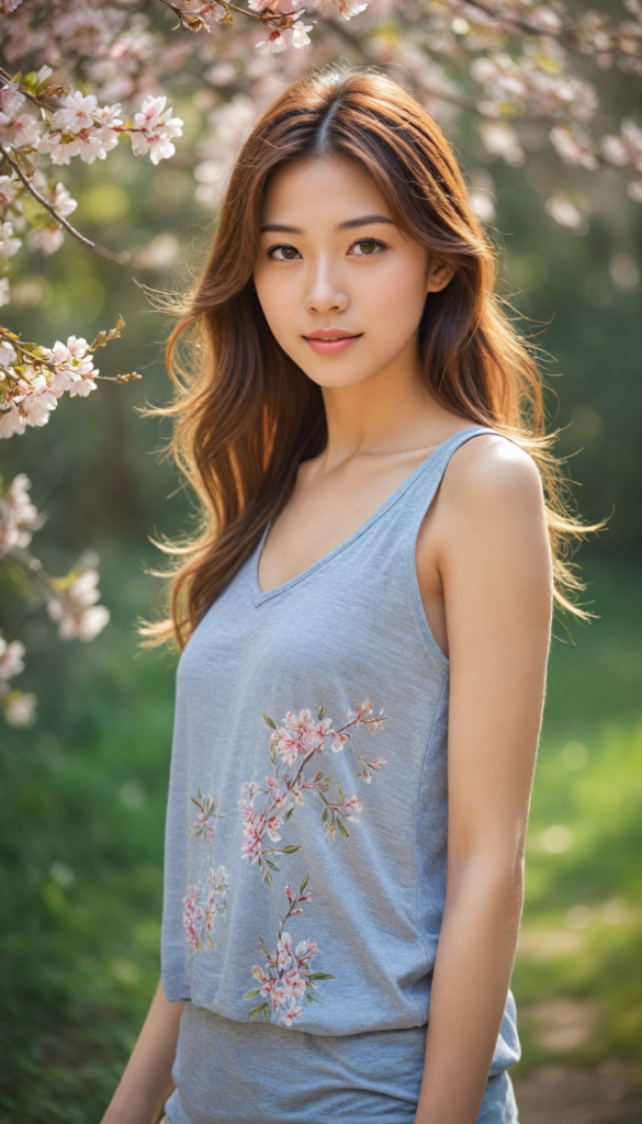 a captivating portrait of a young Japanese girl with flowing long hazelnut hair cascading gracefully over her shoulders, framed by soft cherry blossom petals gently falling around her. She has a warm, inviting smile that lights up her natural beauty. Dressed in a stylish grey tank top that complements her perfect, graceful curves, the image captures a dreamy, sunlit atmosphere, reminiscent of a soft pastel painting, blending elements of Impressionism and contemporary portraiture. The background features a subtle watercolor wash, enhancing the tranquil scene.