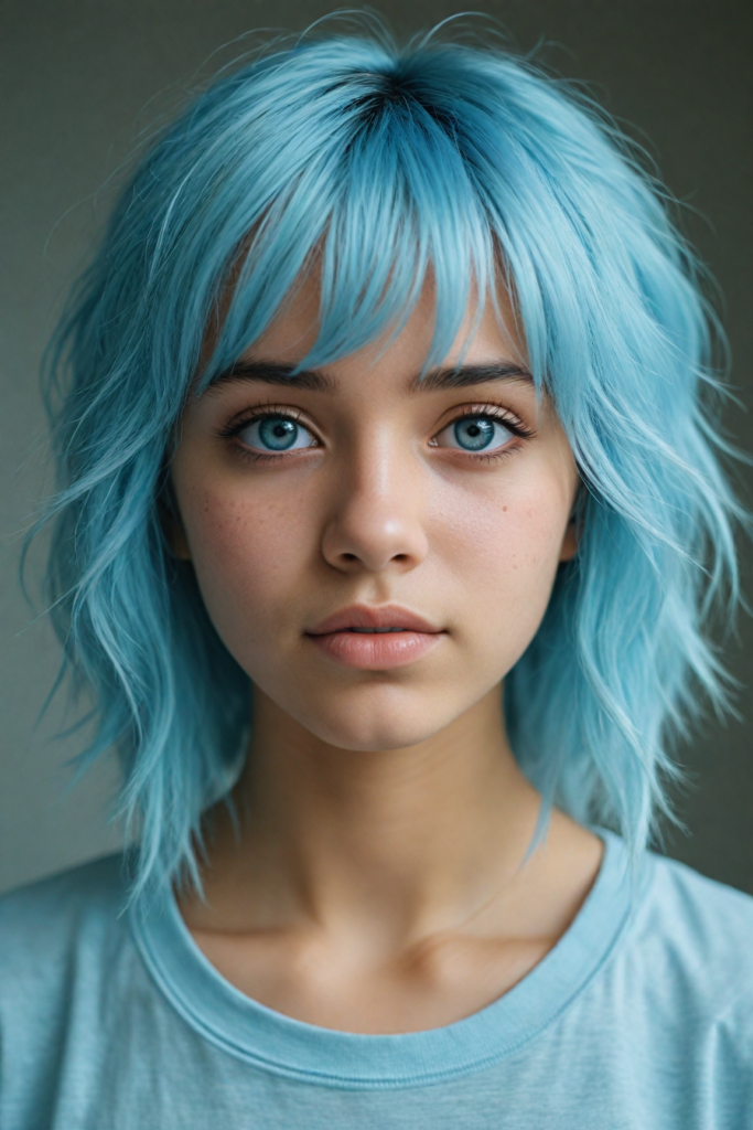 a whimsically illustrated brown-skinned teen emo girl, with cascading, gently undulating straight light blue hair framing her face, accentuated by a subtle cascade of side bangs. She has detailed light blue eyes, her complexion glows with an ethereal light blue hue, embodying a haunting beauty that evokes a bittersweet sense of melancholy and introspection. Surrounding her is a dreamy, misty backdrop of soft grey, interspersed with delicate, ethereal swirls of muted pastel colors, creating a serene yet poignant atmosphere reminiscent of a twilight dreamscape. The scene captures the essence of emotional detachment, while inviting viewers to delve into the depths of her reflective demeanor, with intricate, whimsical details that evoke a sense of fragile beauty. She wears a light blue, short cropped t-shirt