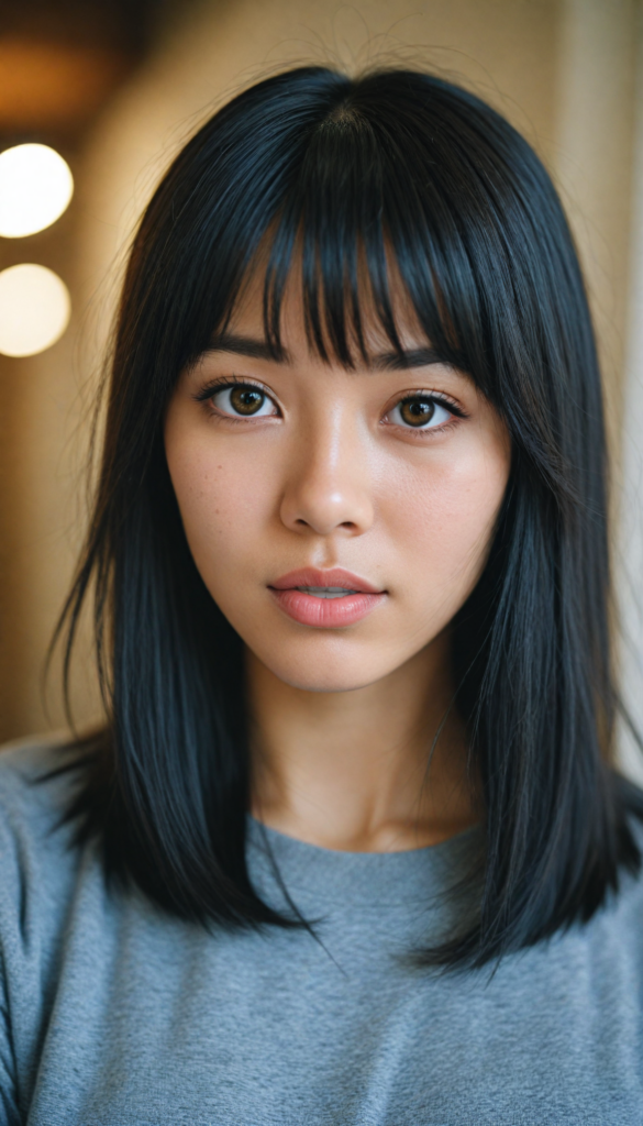 a stunningly detailed (photograph) representing a (Asian girl) with intricate, realistically drawn features like dynamically detailed straight long flowing black hair with bangs framing her face, full lips, eyes looking seductively with mouth slightly open, striking realistic and detailed eyes all against a sophisticated, softly lit (background) where she wears a modern minimalist grey t-shirt