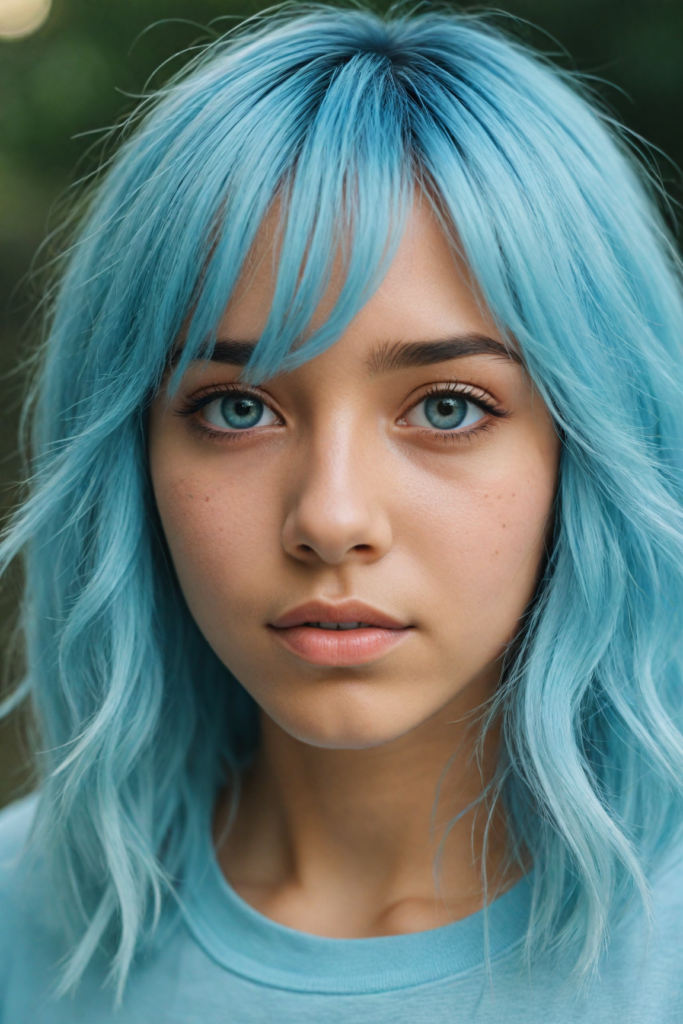 a whimsically illustrated brown-skinned teen emo girl, with cascading, gently undulating straight light blue hair framing her face, accentuated by a subtle cascade of side bangs. She has detailed light blue eyes, her complexion glows with an ethereal light blue hue, embodying a haunting beauty that evokes a bittersweet sense of melancholy and introspection. Surrounding her is a dreamy, misty backdrop of soft grey, interspersed with delicate, ethereal swirls of muted pastel colors, creating a serene yet poignant atmosphere reminiscent of a twilight dreamscape. The scene captures the essence of emotional detachment, while inviting viewers to delve into the depths of her reflective demeanor, with intricate, whimsical details that evoke a sense of fragile beauty. She wears a light blue, short cropped t-shirt