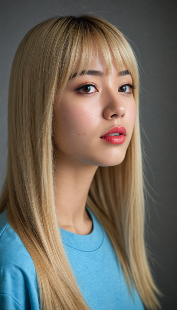 create a detailed and masterpiece of (side view) portrait: a Japanese girl, long blond soft straight hair, bangs, she looks astonished and her mouth is slightly open, (her eyes are light blue) (full red lips) (round face) perfect shadows and light, she wears a black soft t-shirt