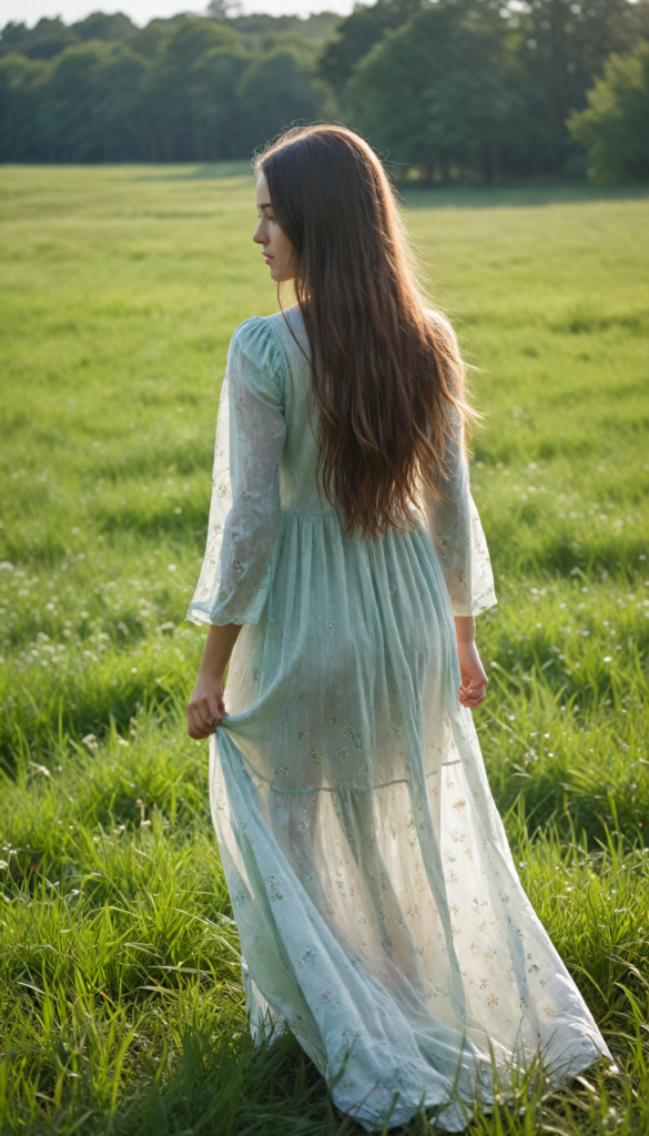 a young girl with soft long straight hair cascading down her back, stands in front of viewer in a green sunny meadow. The scene is infused with an ethereal glow, reminiscent of a dreamy impressionist painting. The girl wears a flowing white transparent dress, back view