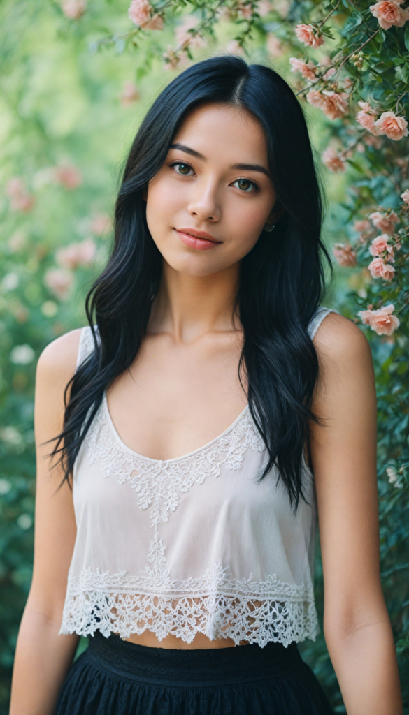 a young girl with an air of whimsy, sporting a playful cropped black tank top adorned with delicate lace edges, her silky, straight long black hair cascading like a waterfall, a round face radiating youthful charm, her full, kissable lips curved into a mischievous smile, sparkling round eyes that shimmer like stars, flawless skin glowing with a soft luminescence, surrounded by a dreamy, ethereal background of pastel colors and whimsical floral accents, reminiscent of a modern fairy tale illustration.