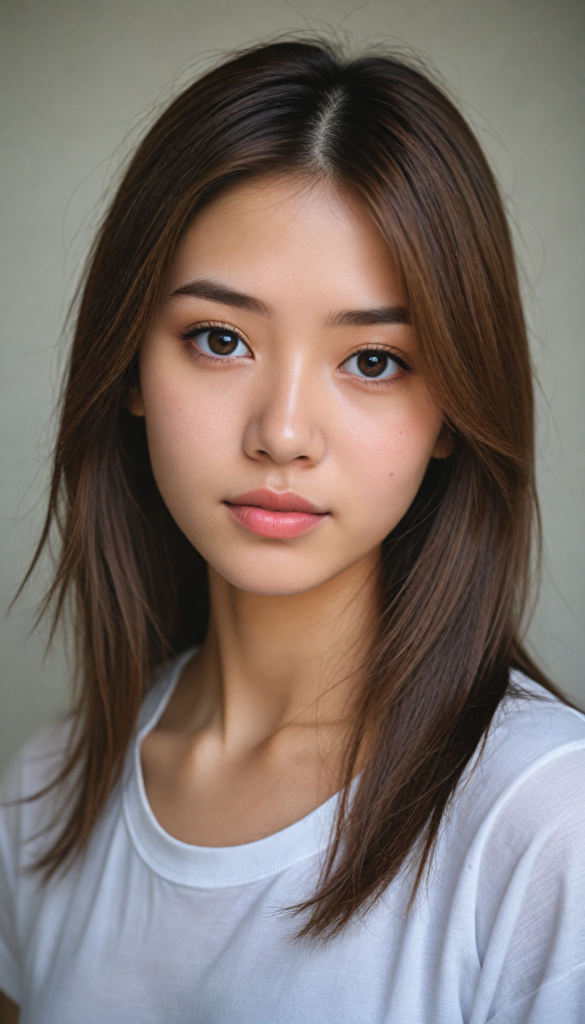 a (stunningly elegant and cute long, straight hazelnut hair) Japanese (teen girl) with a (realistically detailed angelic round face) and (realistically detailed hazelnut eyes) looking pensively at the camera in a (perfectly drawn portrait shot) against a (flawlessly detailed, realistic skin color) backdrop, wearing a (super short, tight white t-shirt made on thin silk), her flawless form elegantly framed by a side perspective, without any (background details)