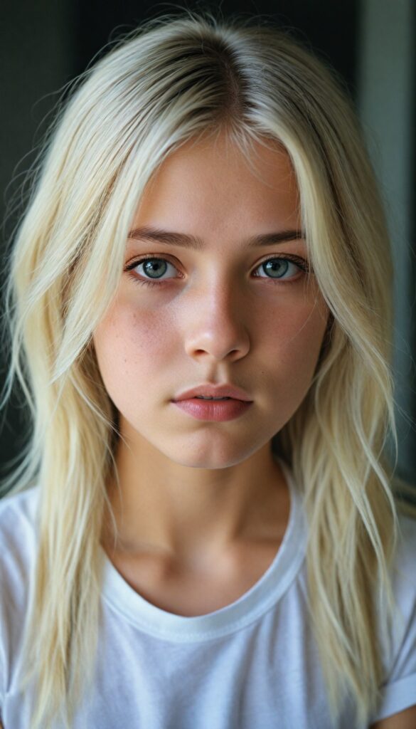 a breathtakingly detailed and hyperrealistic (professional photograph), portraying an intensely sorrowful expression on the face of a young girl with luxuriantly flowing, untamed, straight, silky white blonde hair cascading down her shoulders, despite its perfect length and texture suggesting advanced age, paired with a minimalist (white short sleeve T-shirt)