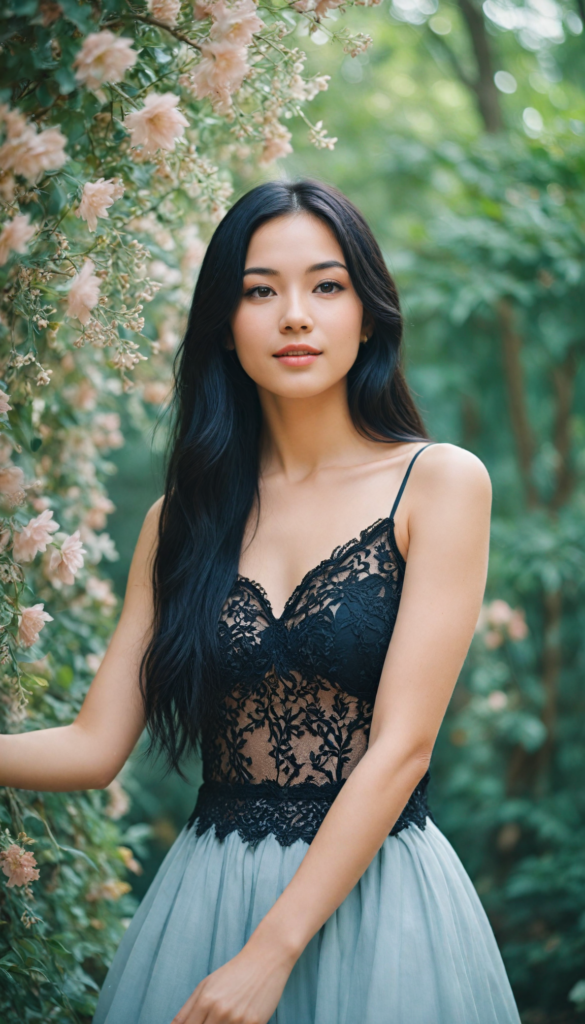 a young girl with an air of whimsy, sporting a playful cropped black tank top adorned with delicate lace edges, her silky, straight long black hair cascading like a waterfall, a round face radiating youthful charm, her full, kissable lips curved into a mischievous smile, sparkling round eyes that shimmer like stars, flawless skin glowing with a soft luminescence, surrounded by a dreamy, ethereal background of pastel colors and whimsical floral accents, reminiscent of a modern fairy tale illustration.