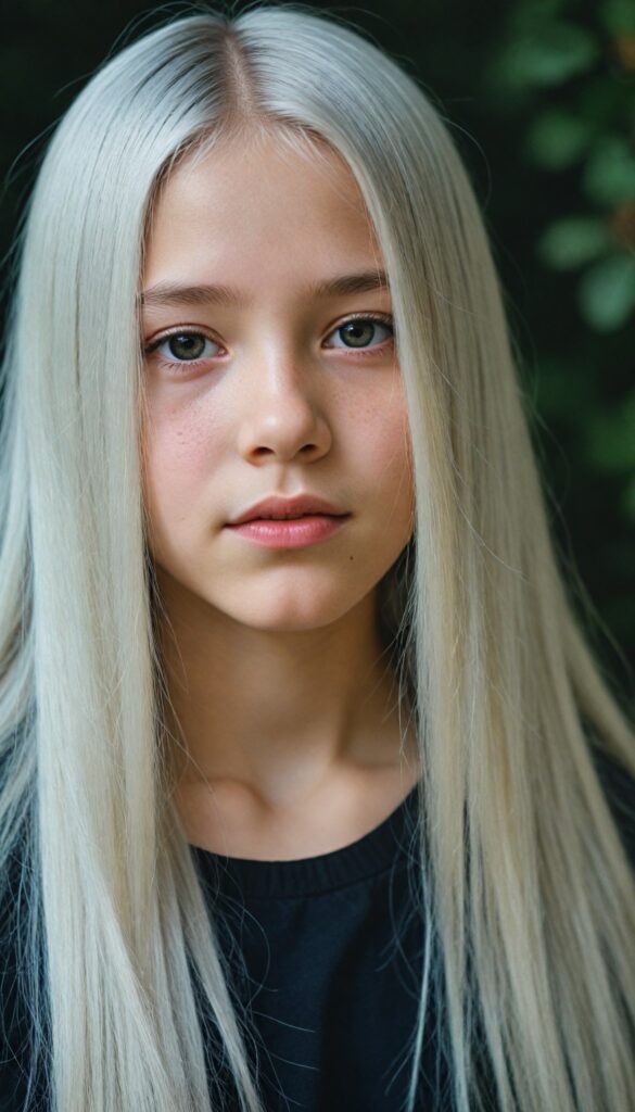 (portrait), detailed, silvery-skinned (young girl), long straight platinum hair, (black thin and short dress)