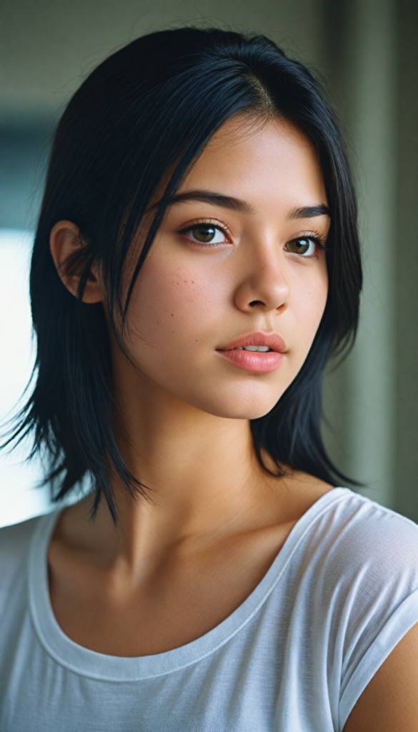 a beautifully realistic upper-body portrait, cinematic lights, from an Exotic teen girl, realistic detailed angelic round face, full lips, (realistic detailed eye) look at the camera, portrait shot, wears a short (white t-shirt), white background, side perspective, (cute), (elegant), (attractive), (long, straight soft ravenblack hair), (stunning) (gorgeous)