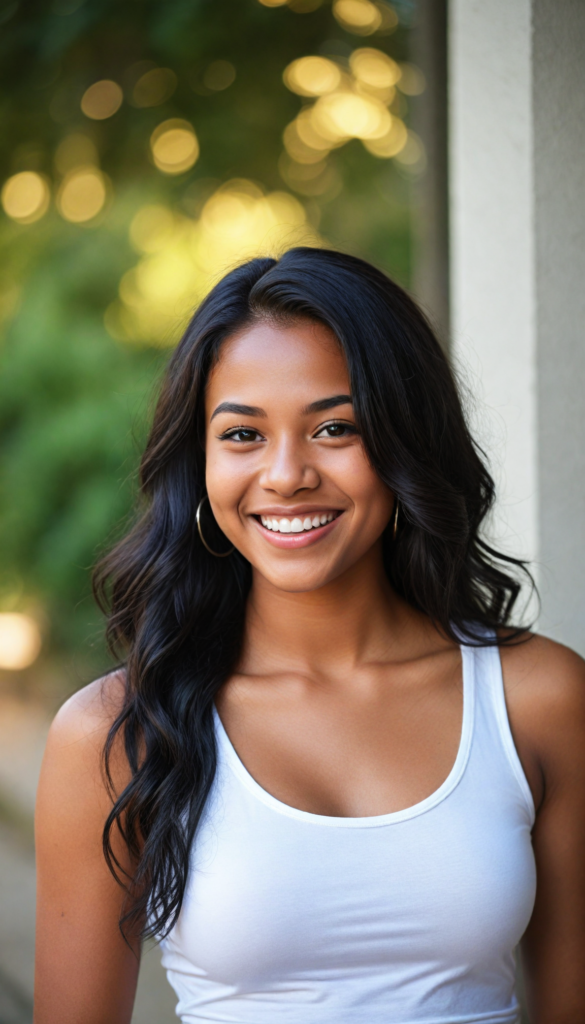 a (brown-skinned teen girl) with a joyful and sunny smile, wearing a sleek and fitted short crop white tank top that showcases her perfect, curves, captured in a (flawless portrait), with black long straight smooth hair