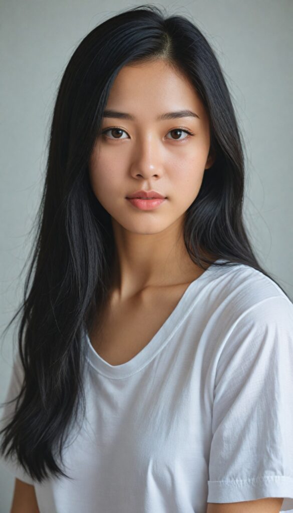 a breathtakingly (realistic portrait), capturing the essence of youthful beauty, featuring a (Asian teen girl) who exudes (serene elegance), with long, flowing (straight black hair), and a (flawlessly detailed angelic face), where her (soft, realistic hazelnut eyes), she is clad in a white T-shirt, with flawless anatomical proportions that draw the eye, against a (subtle, uncluttered backdrop of white). The overall atmosphere evokes a (cinematic sophistication) that exudes timeless appeal