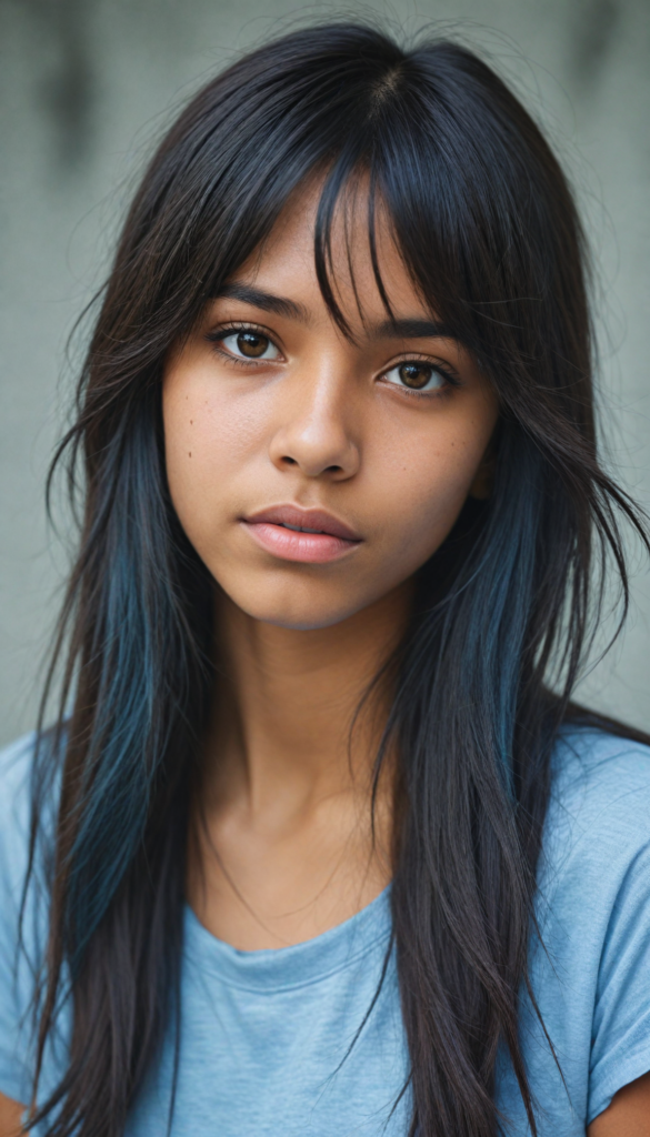 a beautifully drawn (brown-skinned teen emo girl) with flowing, softly waving (straight hair) framing her face in side bangs and highlighted by a contrasting light blue complexion, expressing a poignant feeling of melancholy and emotional detachment, set against a softly grey (backdrop)