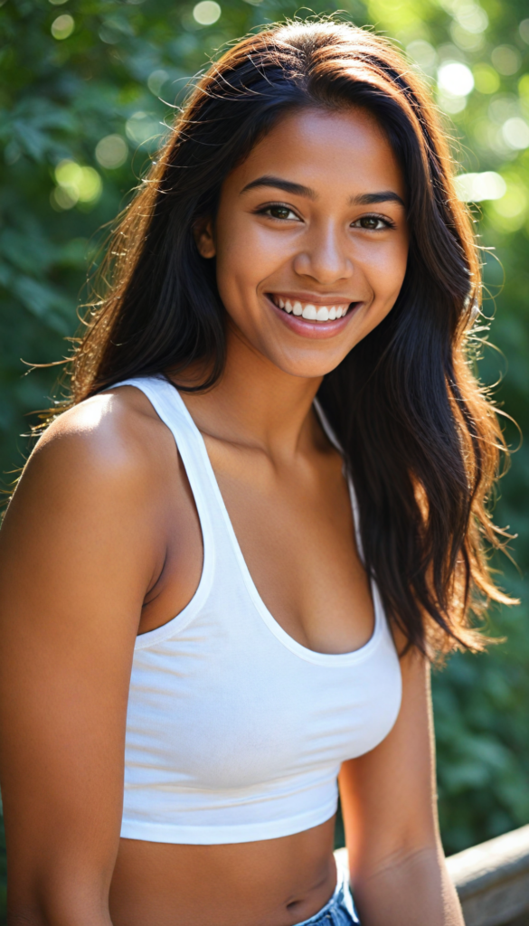 a (brown-skinned teen girl) with a joyful and sunny smile, wearing a sleek and fitted short crop white tank top that showcases her perfect, curves, captured in a (flawless portrait), with black long straight smooth hair