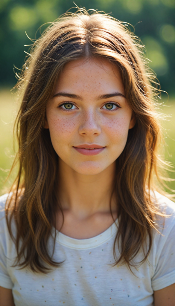 a captivating close-up portrait of a young teen girl with soft, flowing brown hair illuminated by golden sunlight, wearing a casual white t-shirt. Her expressive eyes reflect a world of dreams, adorned with delicate freckles across her cheeks, capturing an enchanting essence. The background is a blurred meadow filled with wildflowers, creating a serene atmosphere that highlights her beauty. The image exudes warmth and charm, evoking a sense of youthful wonder and joy.