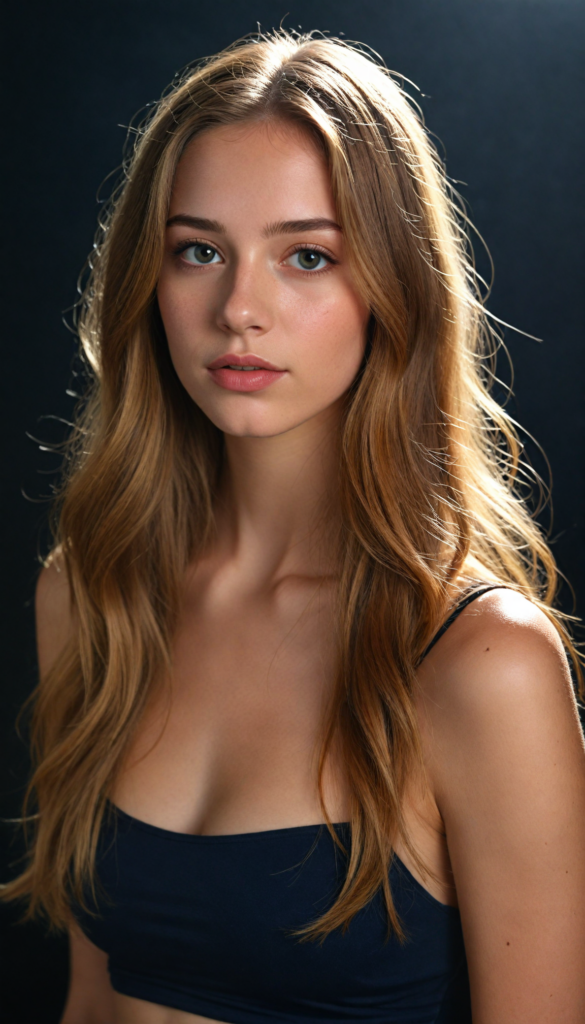 create a 3D image: of a gorgeous, stunning young girl, long, straight and smooth hazelnut hair, wears a short crop top, (full lips) perfect shadows and lights, (black background) (full body)