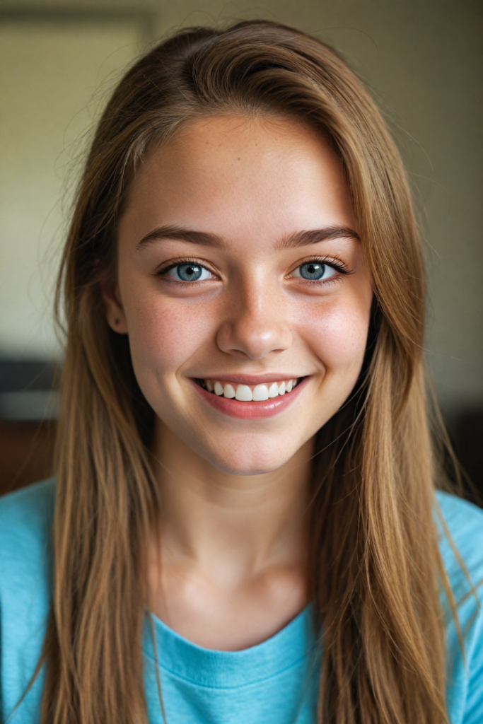 a very detailed and realistic portrait of a (cute teen girl), (long yet straight light brown hair), (realistic detailed brown eyes), (full kissable lips), (realistic detailed, light amber eyes), (face illuminated), perfect curved fit body, she wears a light blue t-shirt, smile