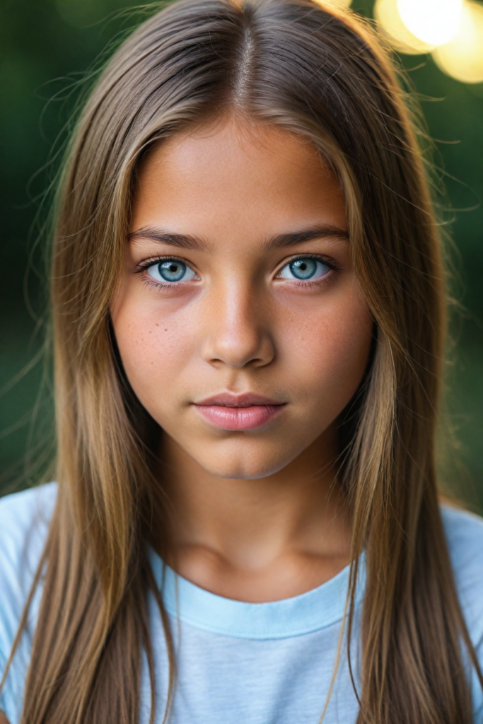 a (detailed portrait) from a tanned (young innocent girl), round, angelic face, flawless soft skin, long soft straight light brown hair, white t-shirt, light blue eyes, (full kissable lips)