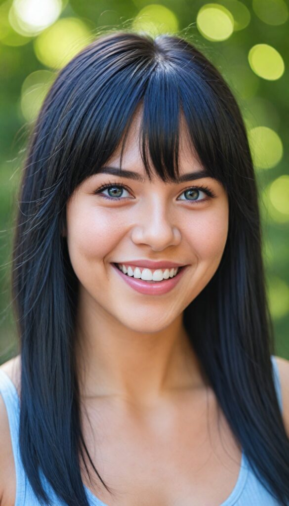 a portrait of a young chubby girl with (silky smooth, straight long dark blue obsidian soft detailed hair, bangs). Her very long hair falls over her shoulders and covers her upper body. She has sparkling, light blue eyes and a charming smile white teeth, full kissable lips, (she wears a tight, form-fitting short violet empty tank top with deep v-neck), all against a sunny green backdrop