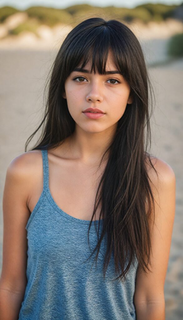 a realistic, detailed face, (super cute) (petite), (emo teen girl) with long, flowing (dark grey super soft hair, bangs), (dark crop tank top), (vividly drawn full kissable lips), all against a backdrop of a (serene, sandy beach)