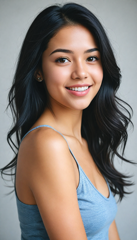 a (breathtakingly realistic portrait) capturing the essence of a cute youthful teen girl, 18 years old, warm smile, with a flawlessly proportioned upper body, perfect curved fit body, (straight, long, soft obsidian black hair), flawless, beautiful smooth skin, round angelic face with full kissable lips, wearing a thin and super sleek tank top, poised confidently against a (white canvas background)