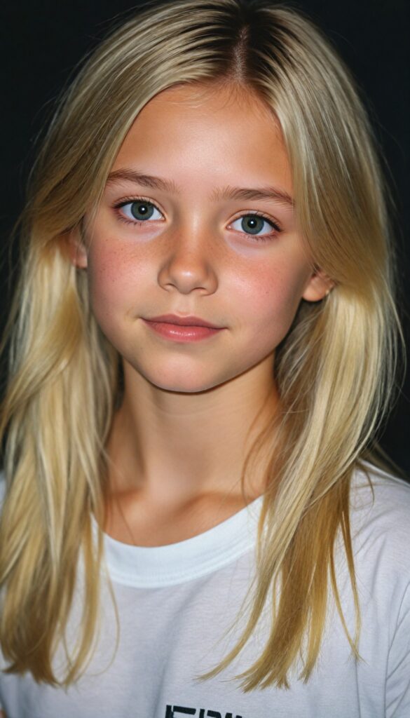 detailed and super realistic photo: a cute young girl with long, soft blond hair, she wears a plain short white t-shirt