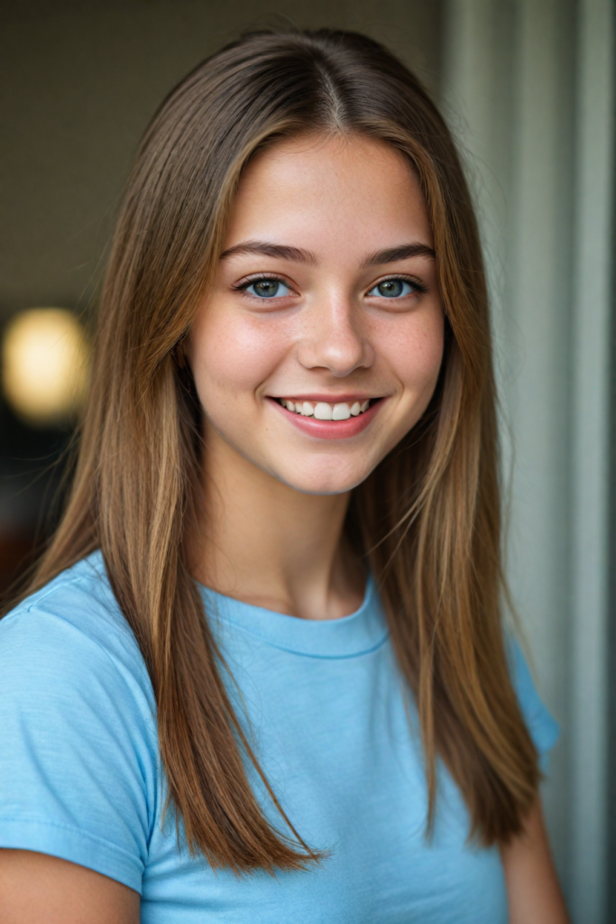 a very detailed and realistic portrait of a (cute teen girl), (long yet straight light brown hair), (realistic detailed brown eyes), (full kissable lips), (realistic detailed, light amber eyes), (face illuminated), perfect curved fit body, she wears a light blue t-shirt, smile