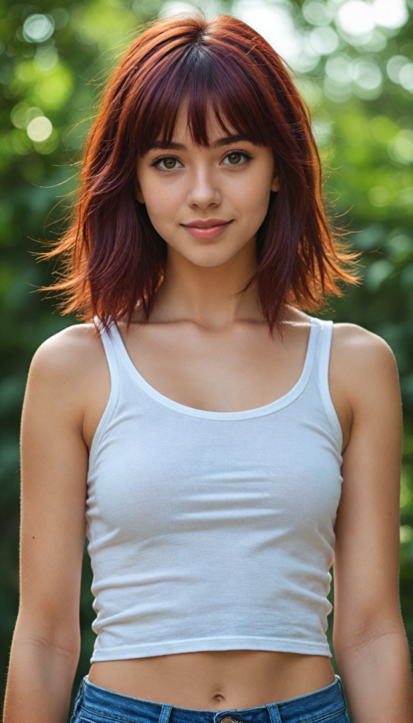 cute teen girl, detailed hair, bangs, white short cropped tank top, perfect curved body, ultra realistic face, realistic amber eyes, detailed maroon straight hair, a stunning photo with beautiful saturation, ultra high resolution, deep shadow, (best quality, masterpiece), highly detailed, depth of field, film grain, looking at viewer, warm smile, (upper body), masterpiece, ultra realistic, extremely detailed CG unity 8k wallpaper, best quality