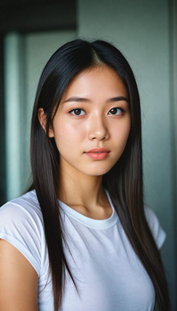 a portrait of (cute) (elegant) (attractive) (long, straight hair) (stunning) a beautifully realistic, cinematic lights, Asian teen girl, realistic detailed angelic round face, (realistic detailed eye) looks sadly at the camera, perfect curved body, (wears a super short tight (white t-shirt) made on thin silk), perfect anatomy, side perspective