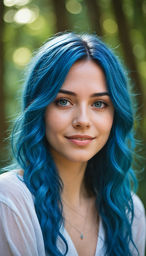 a captivating and hyper-realistic portrait of an enchanting young woman with flowing, silky blue hair infused with shimmering blue highlights, her radiant smile illuminating her delicate features, adorned with ethereal accessories inspired by fantasy elements, set against a dreamy, softly blurred background that suggests a mystical forest or magical realm, upper body focus, showcasing intricate details like glistening eyes and skin that appears almost luminous, evoking a sense of wonder and serenity