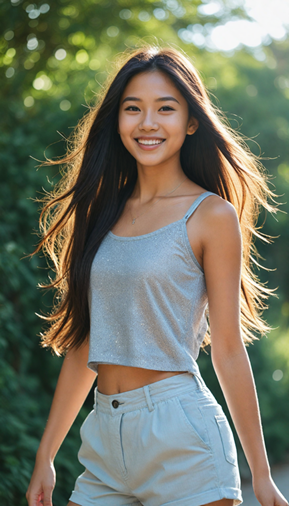 portrait of an enchanting young Asian girl with sparkling eyes and a joyful smile, wearing a stylish grey crop top, flowing long straight hair that dances with the breeze, showcasing an elegant silhouette in a whimsical side view. She pairs her outfit with chic grey high-waisted shorts that highlight her graceful curves. The background is a dreamy blend of soft pastel colors, evoking a serene afternoon light.