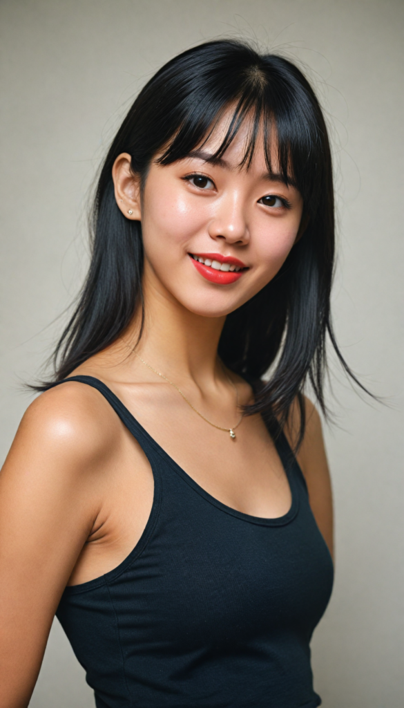 a (detailed and perfect portrait) of a (beautiful young cute Korean girl, warm smile, perfect body), round head and eyes, full red lips, with (very long, straight soft jet black hair), bangs cut, wearing a deep neckline cropped tank top