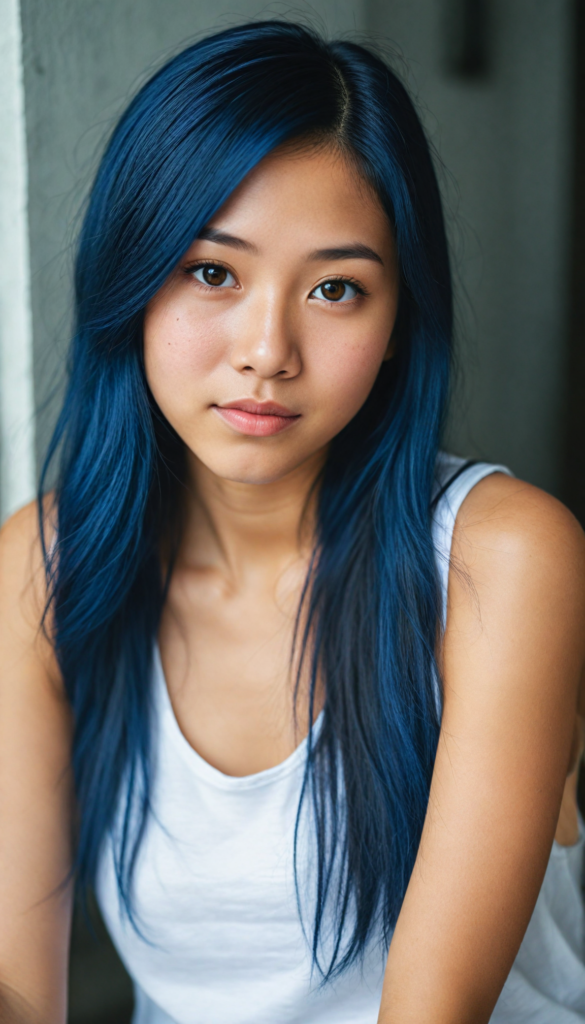 super realistic, detailed portrait, a beautiful young Asian girl with long dark blue hair looks sweetly into the camera. She wears a white tank top.