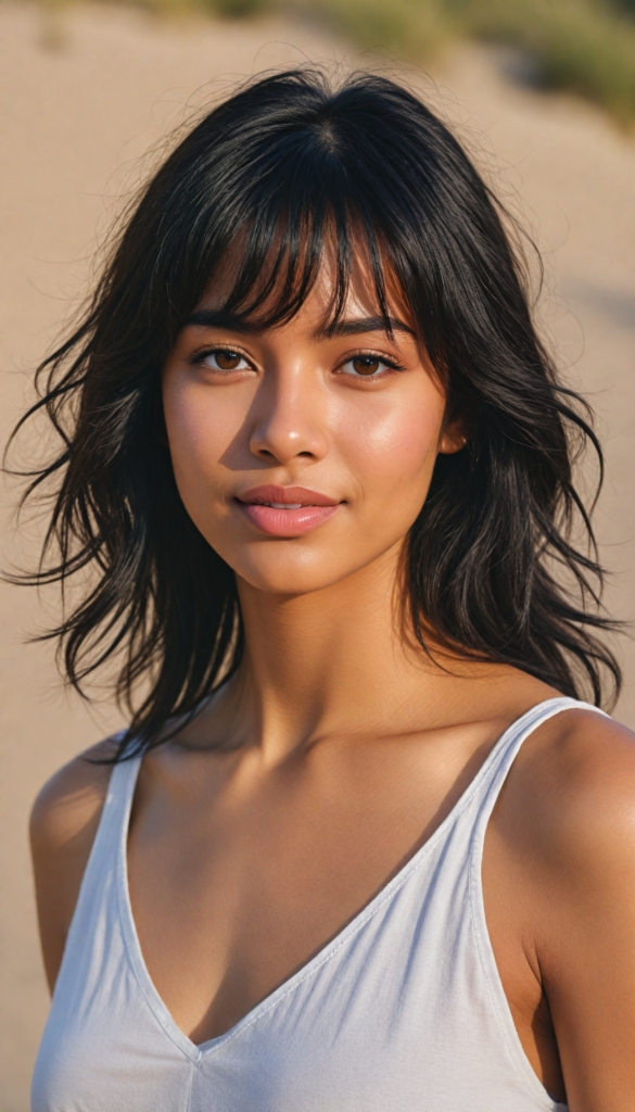 a captivating upper-body portrait of a brown-skinned young woman with an elegant, curvaceous silhouette, her softly cascading straight black hair framing her face with delicate side bangs. Her full lips are slightly parted in a serene smile, accentuating her youthful exuberance. She dons a flowing, ethereal white tank top that billows gently in the warm desert breeze, contrasting beautifully with the sun-kissed tones of her skin. The backdrop features an endless expanse of golden sand dunes, with the soft hues of a sunset painting the sky in shades of pink and orange, while delicate desert flowers peek through the sand, adding a touch of vibrancy to the tranquil scene. The overall atmosphere radiates warmth and calm, evoking a sense of beauty and freedom.