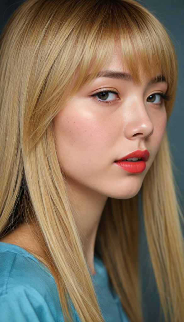 create a detailed and masterpice of (side view) portrait: a Japanese girl, long blond soft straight hair, bangs, she looks astonished and her mouth is slightly open, (her eyes are light blue) (full red lips) (round face) perfect shadows and light