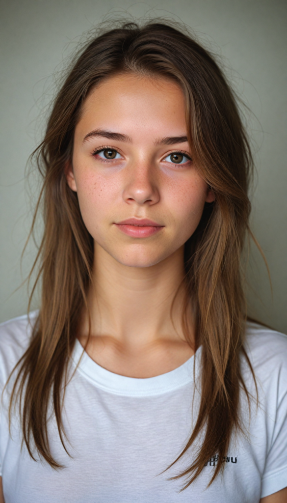 detailed and realistic photo from a young teen girl, soft brown hair, close up portrait, white t-shirt, (gorgeous) (stunning)