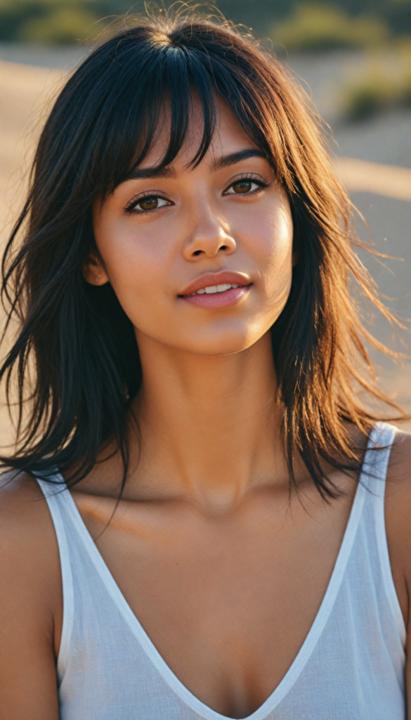 a captivating upper-body portrait of a brown-skinned young woman with an elegant, curvaceous silhouette, her softly cascading straight black hair framing her face with delicate side bangs. Her full lips are slightly parted in a serene smile, accentuating her youthful exuberance. She dons a flowing, ethereal white tank top that billows gently in the warm desert breeze, contrasting beautifully with the sun-kissed tones of her skin. The backdrop features an endless expanse of golden sand dunes, with the soft hues of a sunset painting the sky in shades of pink and orange, while delicate desert flowers peek through the sand, adding a touch of vibrancy to the tranquil scene. The overall atmosphere radiates warmth and calm, evoking a sense of beauty and freedom.