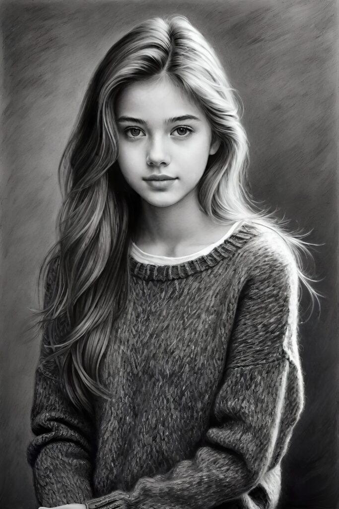 super realistic, detailed, ((gorgeous)) ((stunning)) cute young breasted girl, full portrait, 18 years old, charcoal drawing, thin wool sweater