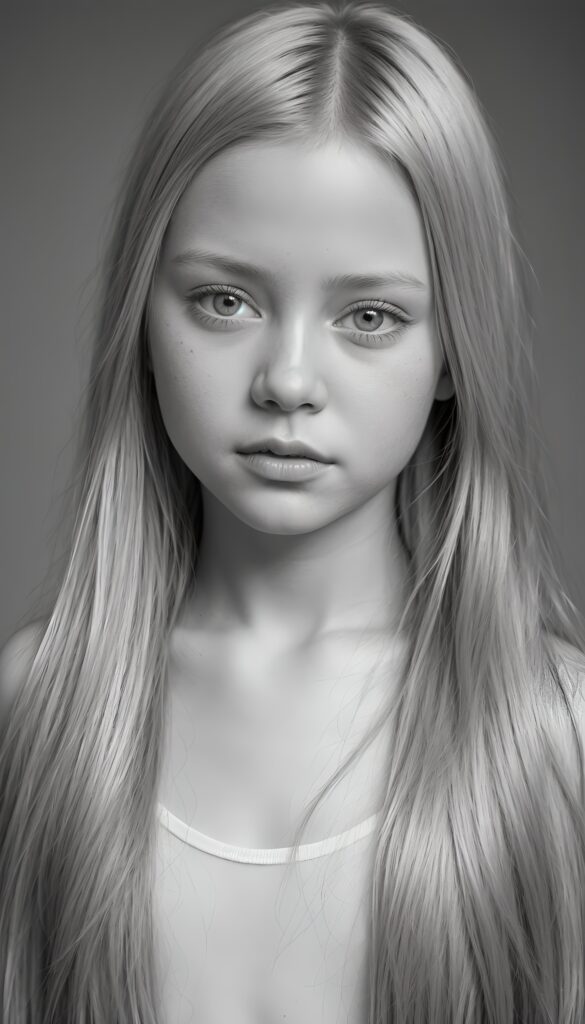 ((portrait)), detailed pencil drawing, silvery-skinned (((young girl))), long straight platinum hair, white shirt