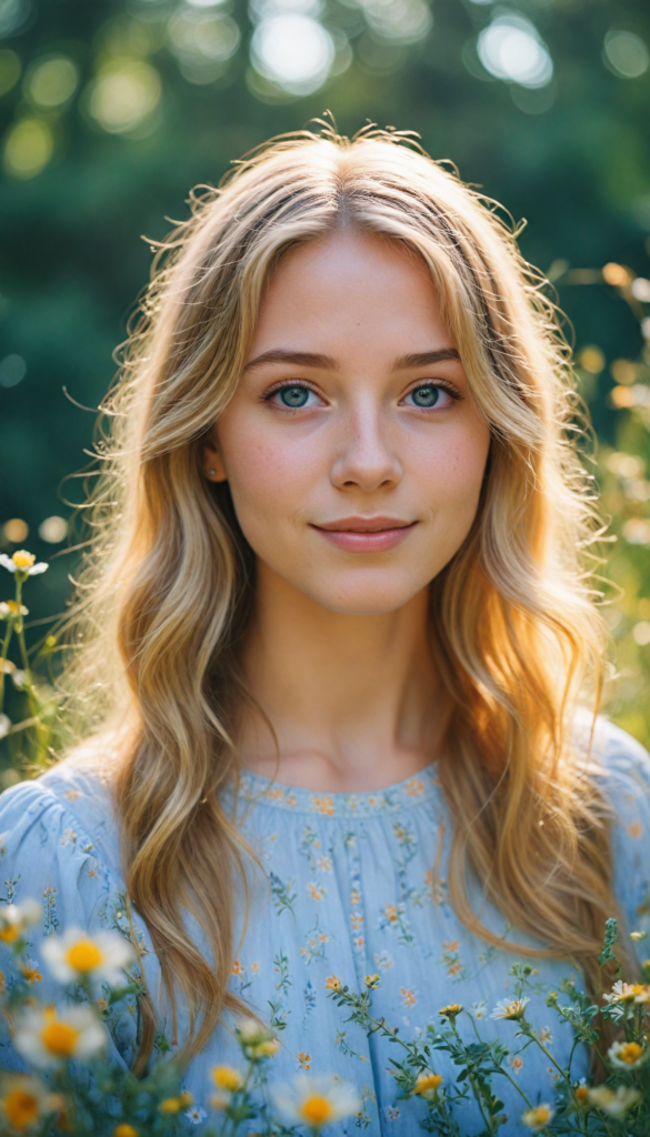 a whimsical portrait of a radiant young girl with cascading golden blonde hair adorned with delicate wildflowers, her sparkling blue eyes glimmering with joy as she gazes sweetly into the camera, surrounded by a dreamlike ethereal garden filled with vibrant colors and soft, glowing lights, reminiscent of a fairy tale illustration in the style of Mary Blair, evoking a sense of wonder and warmth