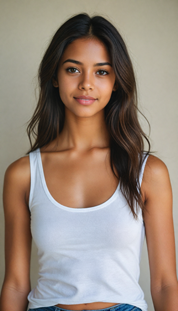 a very detailed and realistic (full body) portrait of a (brown-skinned teen girl), (long straight (dark brown hair), (realistic detailed (big brown eyes), (thin lips), (realistic detailed (brown skin), (light brown (eyes), (catchlights in both eyes), (matching eyes), (bright smile), (face illuminated), (looking into the camera), (wearing a very low cut (white tank top) made on thin silk)