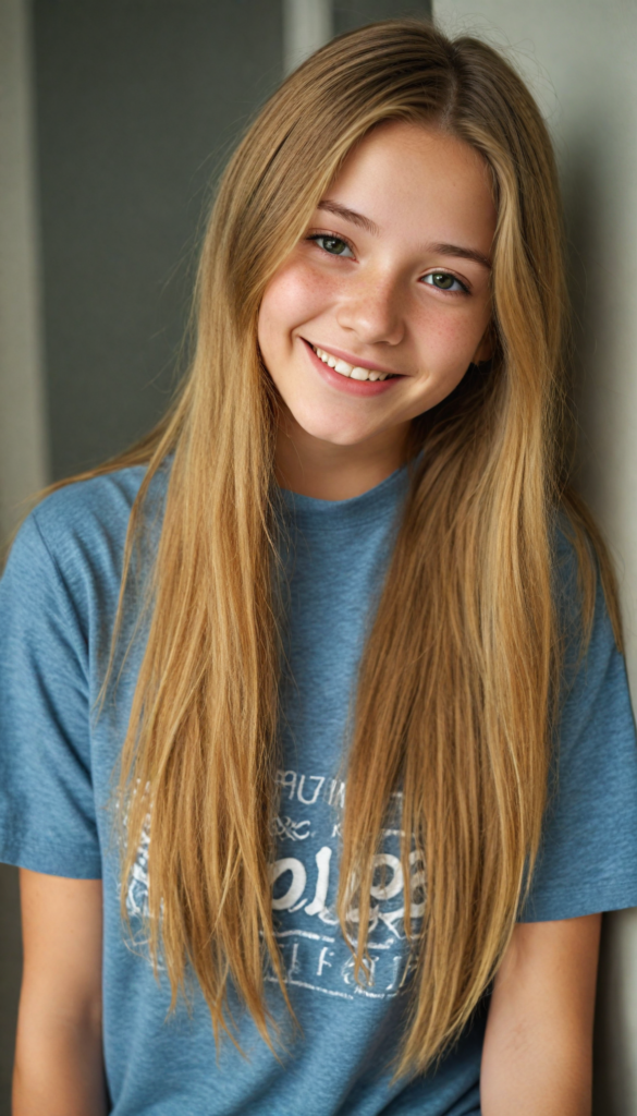 a cute detailed and realistic teen girl, detailed long gold full hair, warm smile, full portrait, (grey fine t-shirt), (gorgeous) (stunning) (model)