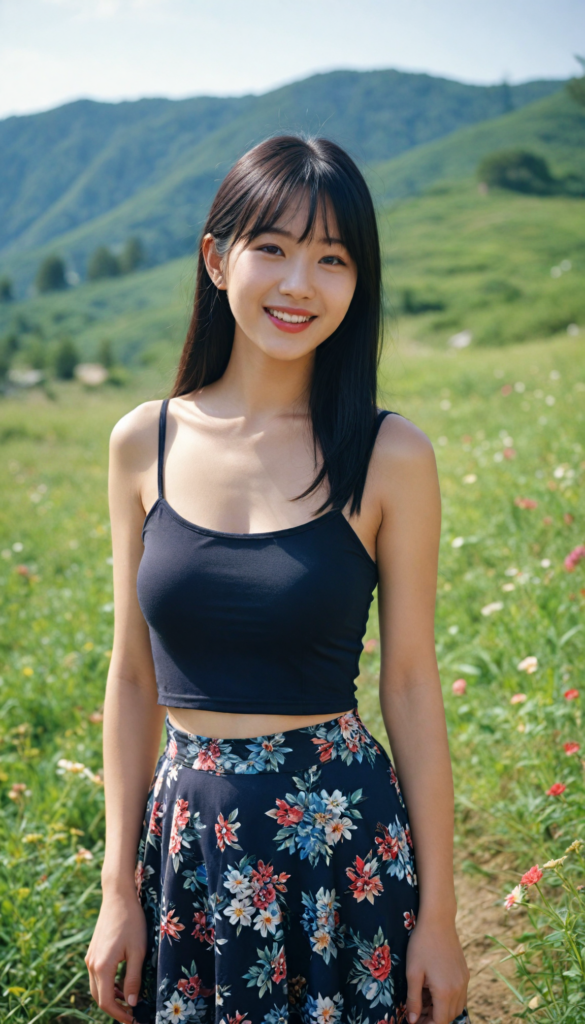 a (detailed and perfect portrait) of a (beautiful young cute Korean babe, warm smile, perfect body), round head and eyes, full red lips, with (very long, straight soft jet black hair), bangs cut, wearing a (deep neckline cropped spaghetti tank top in flower style and tattered short mini skirt) (top of the mountain) (beautiful landscape)