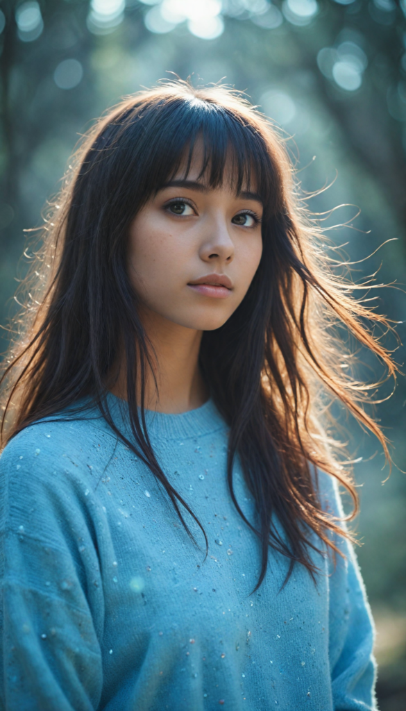 a whimsically illustrated (brown-skinned teen emo girl) with cascading, gently waving (straight hair) framed by playful side bangs, illuminated by a mesmerizing iridescent light blue complexion that subtly glimmers, her eyes reflecting a profound sense of melancholy and emotional detachment, surrounded by ethereal wisps of fog that dance in the softly fogy (backdrop), reminiscent of a surreal dreamscape, hinting at an otherworldly atmosphere inspired by the art styles of Tim Burton and Yoshitaka Amano, she wears a light blue sweater made of super fine wool