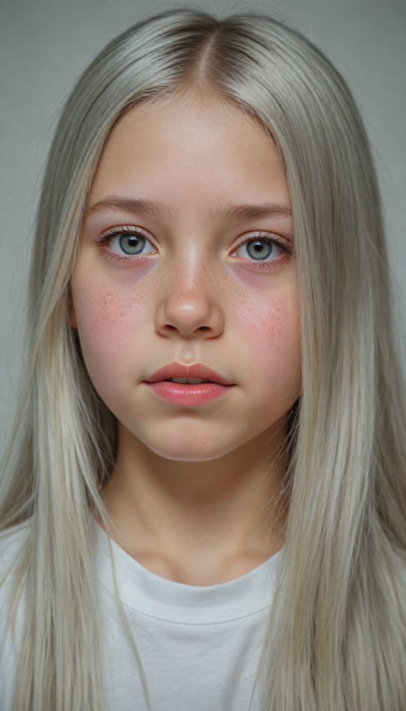 (portrait), detailed pencil drawing, silvery-skinned (young innocent girl), long soft straight platinum hair, white t-shirt