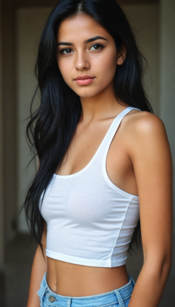 a (stunningly gorgeous) (detailed and realistic portrait) featuring a cute Arab teen girl who wears a (white short cropped tank top), long straight obsidian black hair, she has a perfect curved body