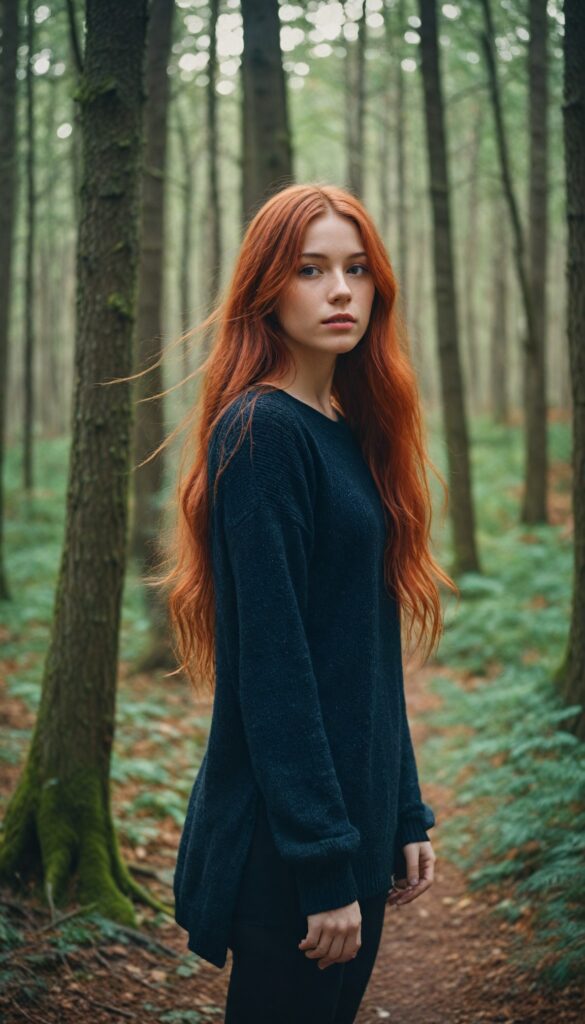 a beautiful, pretty girl with red soft long hair, black dressed in a thin sweater, in a forest