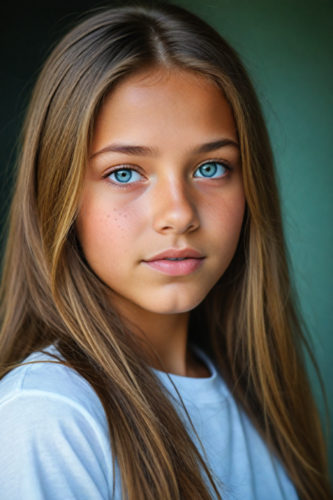 a (detailed portrait) from a tanned (young innocent girl), round, angelic face, flawless soft skin, long soft straight light brown hair, white t-shirt, light blue eyes, (full kissable lips)