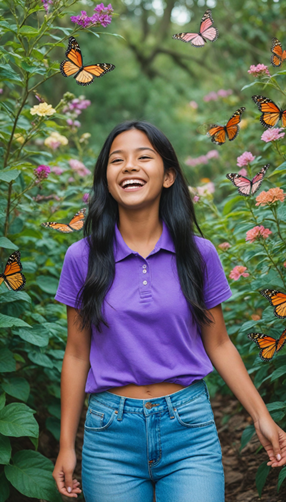 a joyful young girl radiating happiness, wearing a vibrant purple t-shirt with a tightly buttoned high collar that frames her cheerful face. Her straight, long jet-black hair cascades like a waterfall down her shoulders. She sports a pair of trendy jeans, playfully showcasing her navel as she stands confidently. The background is a dreamlike pastel landscape filled with whimsical flowers and butterflies, enhancing her infectious smile. The scene captures a sense of freedom and youth, reminiscent of a vibrant pop art painting.