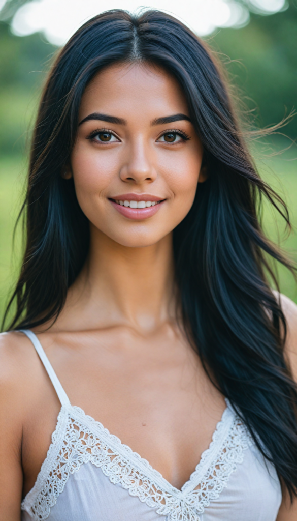 (upper body portrait) of a (stunning) (adorable) girl, (luxurious long jet-black straight hair), (fringe), (full luscious lips), (captivating gaze), front-facing with a soft halo effect, (flawlessly curvy silhouette), (elegant tank top, intricate lace details), (radiant smile), (face aglow with warmth), (piercing gaze into the lens) amidst a backdrop of dreamy pastel-colored hues and ethereal light bursts.