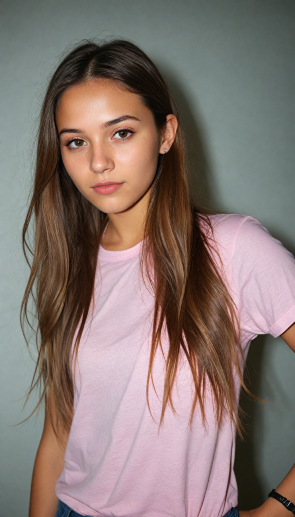 an attractive (teen girlie) dressed in a sleek, (short-cropped light pink t-shirt), with flowing, long tresses cascading down her back, captured in a (vividly realistic photo). Her features are softly highlighted by the dimly lit room