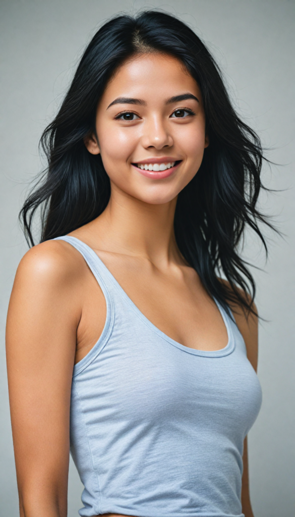 a (breathtakingly realistic portrait) capturing the essence of a cute youthful teen girl, 18 years old, warm smile, with a flawlessly proportioned upper body, perfect curved fit body, (straight, long, soft obsidian black hair), flawless, beautiful smooth skin, round angelic face with full kissable lips, wearing a thin and super sleek tank top, poised confidently against a (white canvas background)